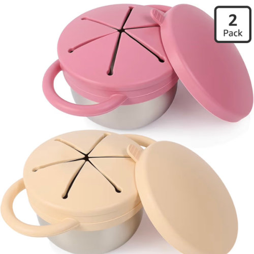 2 Pack Stainless Steel Spill Proof Snack Cup for Baby Toddlers Kids, with Silicone Food Catcher, Travel Lid, Spill-Proof Bowl Containers, Toddlers Essentials, Non Toxic BPA Free