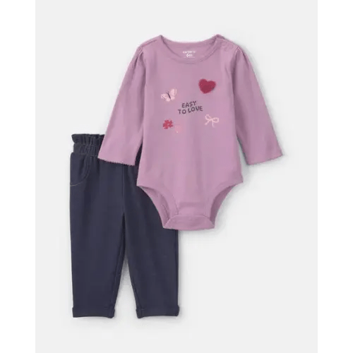 Baby Girl 2-Piece 'Easy To Love' Long-Sleeve Bodysuit & Pant Set - Purple/Blue | Carter's
