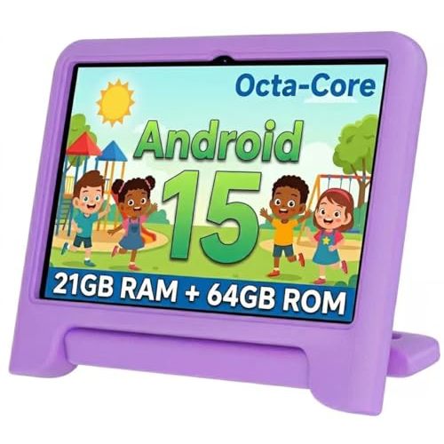 WXUNJA Android 15 Kids Tablet, 2025 Upgraded 10.1 Inch Tablets with Octa-core Processor, 6000mAh Battery, Kid Space, Parental Control,Pre-Loaded Kids Apps, 2.4/5GHZ Dual WiFi, Case Included, Purple