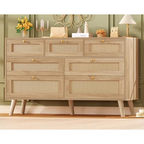 TEENFON 47.2''Wide 7 Drawer Rattan Dresser, Boho Dresser for Bedroom, Chest of Drawers, Closet Organizer, Natural Wood Dressers Chest for Bedroom, Living Room, Entryway, Natural