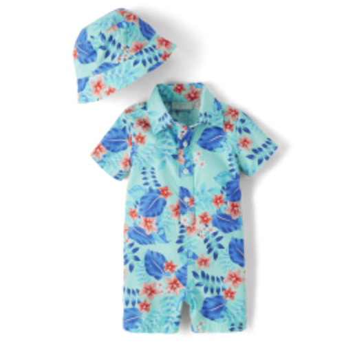 Baby Boys Matching Family Tropical Poplin Romper 2-Piece Outfit Set - Mellow aqua