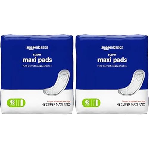 Amazon Basics Maxi Pads For Periods- Thick, Super Absorbency, Unscented, 48 Count, 1 Pack