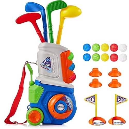 PJG Toddler Golf Set, Plastic Kids Golf Clubs Ages 1 2 3 4 5 Years Old with 4 Golf Clubs and 10 Balls, Indoor and Outdoor Toddler Golf Toys with Cart for Boys and Girls Birthday (Blue)
