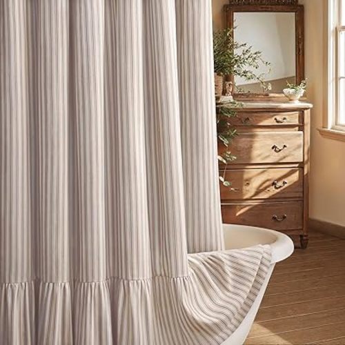 XOGUIBO Farmhouse Shower Curtain with Ruffle Hem Linen Shower Curtains for Bathroom Country Vintage Rustic Natural Fabric, Cream-Brown Stripe 72" W x 96" L