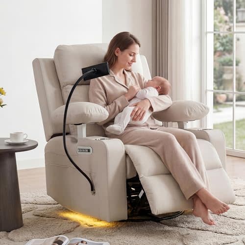 FiveWillowise Power Rocking Chair Nursery with Adjustable Armrests, Beige | Glider Rocking Chair with Adjustable Headrest and Electric Lumbar Support, Nursing Chair with USB Charging, Cup Holder, Light