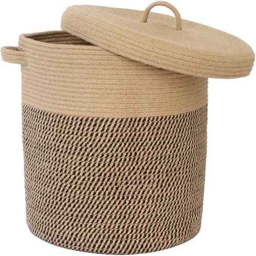 Extra Large Storage Basket with Lid 60L, 16"Wx18"H Woven Laundry Hamper Basket with Handle, Jute Rope Wicker Basket Blankets Pillows Storage in Living Room Baby Nursery, Jute/Black Mix includes Lid