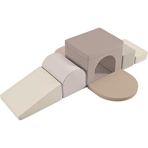 7 Piece Soft Foam Climbing Blocks for Toddlers 1+, Safe Indoor Play Equipment, Easy to Clean Climb & Crawl Activity Playset (Cappuccino)