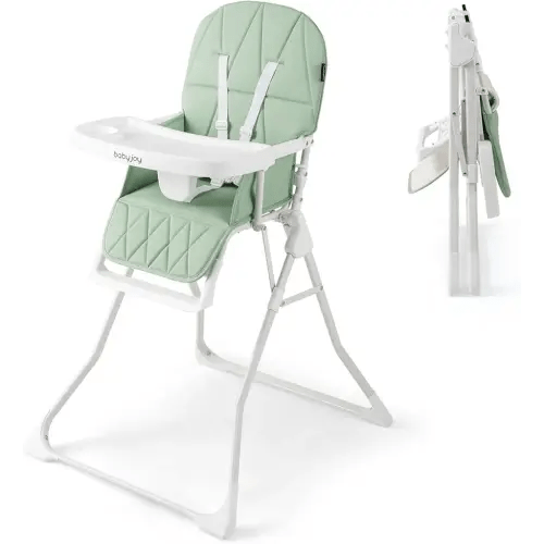 BABY JOY Foldable High Chair, Portable Highchairs for Babies and Toddlers with 3-Position Adjustable Tray & Footrest, Removable Seat Cushion, 5-Point Safety Harness, Space Saving Design (Green)