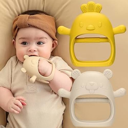 TinyHalo 2 Packs Baby Teething Toys Silicone Teething Mittens for Infants 3 Months+, Never Drop & Easy to Hold Teethers, Helps Soothing Gums & Sucking Needs, Teething Relief (Beige)