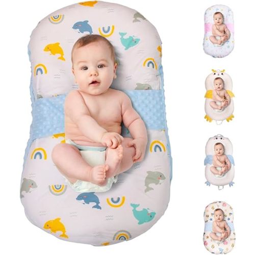 Baby Lounger for Newborns and Infants, Portable Lounger with Pillow & Foot Rest - 100% Cotton, Snug, Travel-Friendly, Breathable Fabric, Ideal for Cribs & Floor - Sprinta (Poly Snuggle)