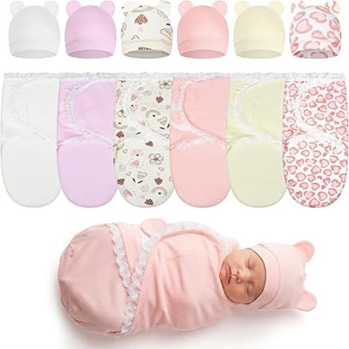 Ramede 6 Pack Preemie Swaddle Blanket with Hats Sleep Swaddle for Baby Boy Girl Preemie Newborn Sacks Soft Cotton Wearable(Lace,Light Color)