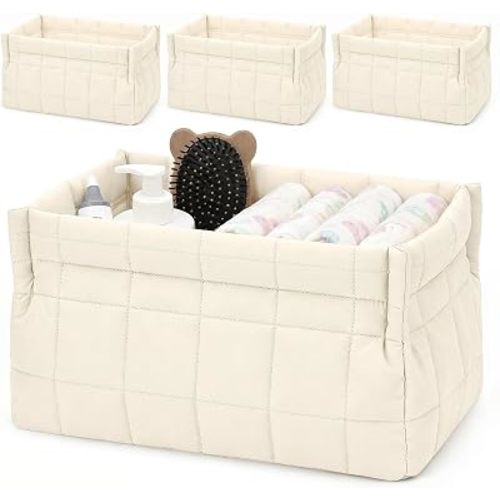 Mifoci 4 Pack Quilted Small Fabric Storage Basket Decorative Toy Organizer Boho Floral Laundry Basket for Organizing Closet Decor Home Shelf Nursery Table Laundry Toy Clothes (White)