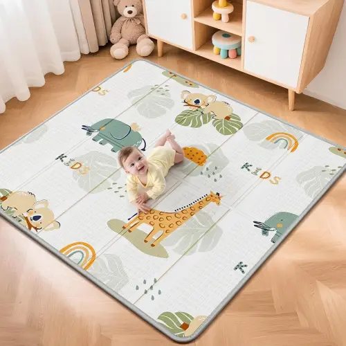 Foldable Baby Play Mat, PIGLOG 50x50 Playpen Mat, Waterproof Playmats for Babies and Toddlers Kids, Safe Foam Playmat for Tummy Time, Reversible Portable Baby Floor Mat for Infant, Giraffe + Elephant