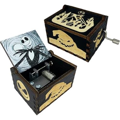 Youtang Hand Crank Music Box Halloween Christmas Laser Engraved Wood Musical Box Jack Skellington Gift for Christmas,Birthday,Valentine's Day,Mother's Day,Play This is Halloween(Image4)
