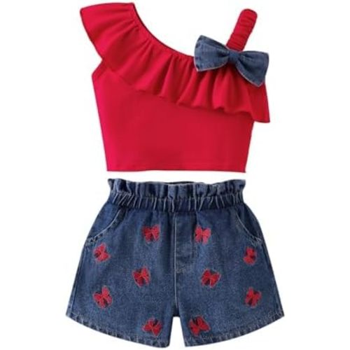 Toddler Baby Girl Clothes Summer Outfits Ruffled One Shoulder T-Shirt Bow Hem Tops Cute Denim Shorts Set 18M-5T