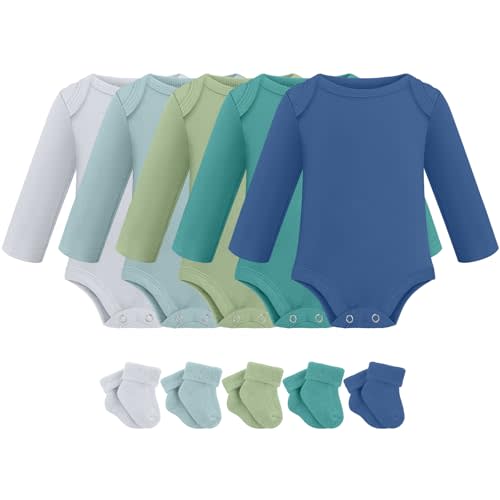 Glitopper 5 Pack Preemie Long Sleeve Bodysuit Preemie Layette Set Bodysuit Socks Set for Boys Girls NICU Gift