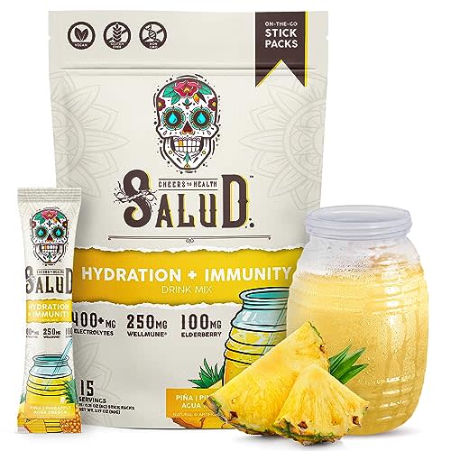 Salud 2-in-1 Hydration Packets + Immunity Electrolytes Powder, Pineapple - Agua Fresca Drink Mix, Elderberry, Dairy & Soy Free, Non-GMO, Gluten Free, Vegan, Low Calorie, 1g Sugar (15 Servings)