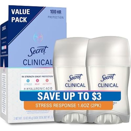Secret Clinical Strength 100HR Sweat & Odor, Stress Response Invisible Solid Antiperspirant Deodorant for Women, 3X Stress Protection with Hyaluronic Acid, PH Balanced, 1.6 oz (Pack of 2)