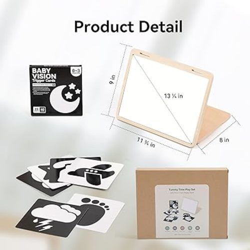 Tummy Time Play Set Adjustable Angle, Double-Sided Design, Montessori Tummy Time Toys Large Baby Safe Mirror and Card Display Stand with Black and White High Contrast Baby Cards