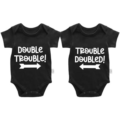 2-Pack Baby Twins Bodysuits Double Trouble Newborn Cotton Short Sleeve Funny Outfits Infant Twin Unisex Romper 0-12M