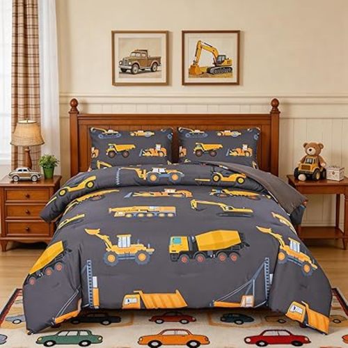 ZRNBAST Construction Twin Bedding Set for Boys Dark Grey Trucks Car Kids Comforter Set Lightweight Microfiber Excavator Tractor Bed Sets with 2 Pillowcases