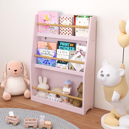 3 Tier Kids Bookshelf, Wooden Nursery Bookcase with Deep Magazine Display Shelf, Floor Front Facing Bookshelf, Toy Storage Organizer for Playroom, Nursery, Classroom, Pink