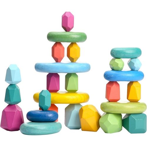 Stacking Rocks 26Pcs Stacking Blocks Balancing Stones Wooden Building Toys Wood Stone Stacking Game for Toddler Sorting Preschool Educational Montessori Stacking Rocks for Kids