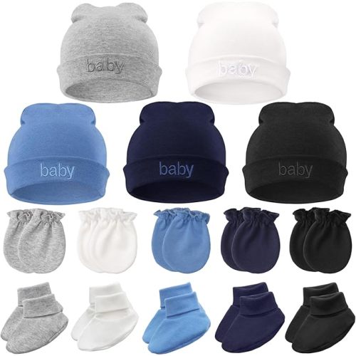 BQUBO Newborn Baby Hat Mittens Socks Set Infant Cotton Beanie Gloves Thick Warm Socks for 0-6 Months Boys Girls