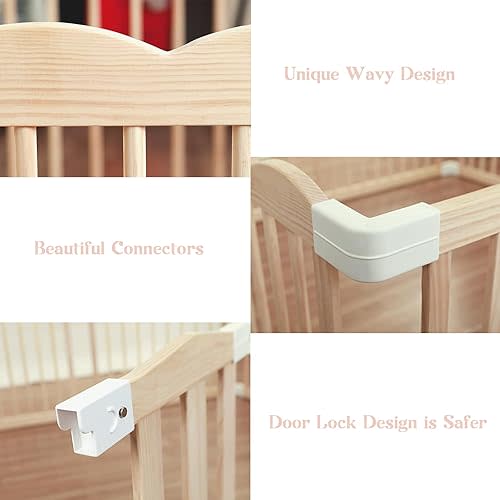 Baby Playpen, Wooden Playpen for Babies and Toddlers, Large Adjustable Wooden Baby Playard with Locking Gate, Easy to Assemble, Portable Play Pen, Infant Play Pen Play Area(62x70x24 Inch)