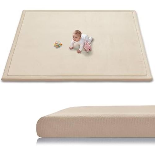 TreeBud Baby Play Mat for Floor, 1.3 Inch Thick Memory Foam Tummy Time Mat with Non Slip Backing, Soft Coral Velvet 71X79 Inch Playpen Mat Crawling Tatami for Infants Toddlers Kids, Beige