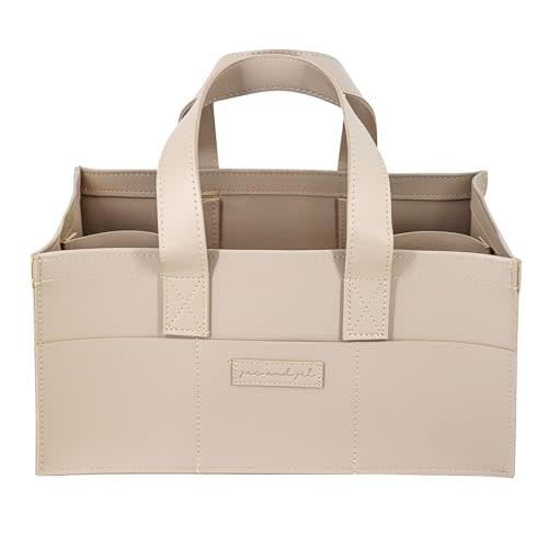 Jac and Jil Premium Vegan Leather Baby Diaper Caddy Organizer – Portable Storage Basket for Newborn Essentials, Changing Table, Nursery, Car & Travel, Gifts for Baby Shower (Teddy Beige)