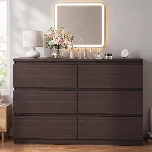 Orgobysol 6 Drawer Double Dresser for Bedroom, Modern Simply Chest of Drawers, Wood Storage Dresser with Anti-Tipping for Living Room Hallway Entryway, Nursy Brown (15.3" D x 47.2" W x 32.3" H)