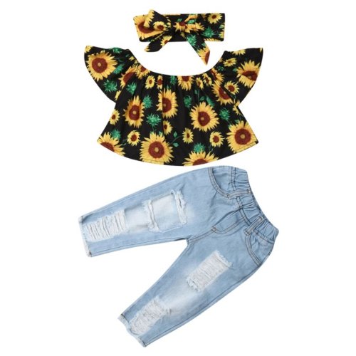 Dewadbow Summer Toddler Baby Girl Clothes Sunflower Tops Crop Denim Pants Jeans Outfits