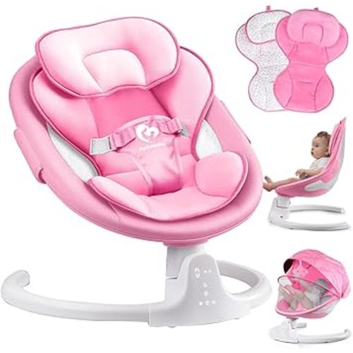 Bluetooth Baby Swing for Infants, Compact & Portable Pink Baby Girl Swing, 3 Seat Positions, 5 Swing Speed, 10 Music, Remote Control, Plug-in Power, Reversible Cushion, mecedora eléctrica para Bebe