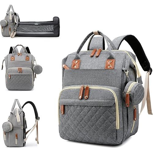 Diaper Bag with Changing Station, Waterproof 3 in 1 Baby Diaper Backpack with Foldable Changing Pad, Large Travel Back Pack for Baby Girl Boy, Grey
