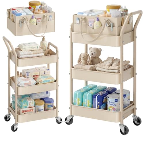 3 Tier Baby Diaper Caddy Organizer Cart with Detachable Dividers and Wheels | Metal Bedside Rolling Storage Cart on Wheels, Postpartum Cart for Baby Essentials, Nursery, Newborn Must Haves(Oatmeal)