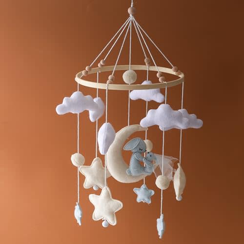 Baby Crib Mobile with Felt Bunny on Moon, Stars and Clouds, Wooden Nursery Mobile for Baby, Soothing Hanging Toy for Infant Crib, Perfect for Nursery and Bedroom Decor
