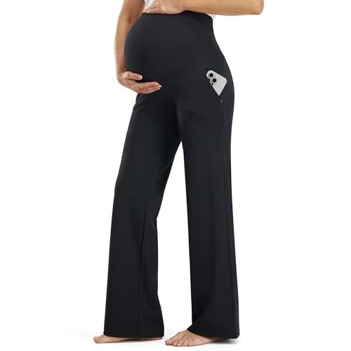 JOYSPELS Smooth Feeling Wide-Leg Maternity Work Pants Soft Pregnancy Yoga Pants with Zippered Pockets Over The Belly