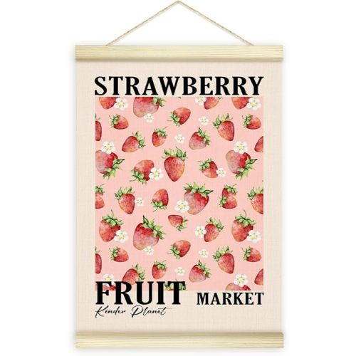 Funny Fruit Market Strawberry Poster Framed with Wood Hanger, Pink Wooden Canvas Art Print Hanging, Wall Art Decor for Baby Toddler Girls Nursery Bedroom Playroom, 12x16 Inches /010
