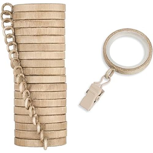 MODE Cambria Designer Series - Premium Easy Glide 18 Count Small Curtain Rings - Metal with Nylon Inserts and Clips - 1-1/8 Inner Diameter - use for rods 3/4" or Smaller - Weathered Oak