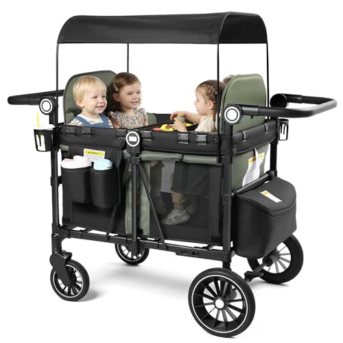 Kinder King Wagon Stroller for 4 Kids, Adjustable Handle, Green | All-Terrain 4 Seater Folding Outdoor Stroller Wagon, Removable Canopy, 5-Point Safety Harness, Detachable Tray, Large Storage