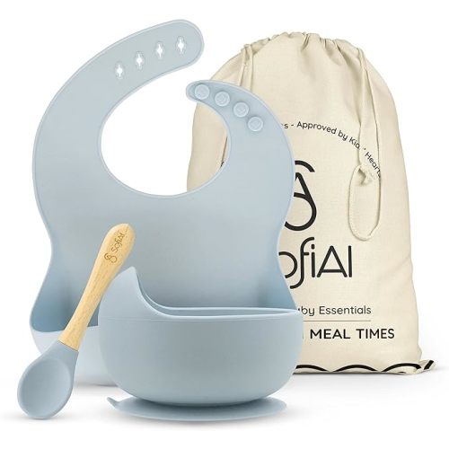 All In One Silicone Baby Feeding Set By SofiAl - Safe for 6-12 Months - Non-Toxic Baby Led Weaning Supplies, Suction Plate Or Bowl, Bib, Spoon & Gift Bag - BPA-Free - Mess Free Baby Feeding Essentials