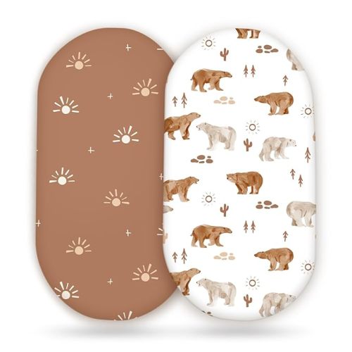 Stretchy Ultra Soft Bassinet Sheet 2 Pack, Universal Fit for Bassinets Baby Cradle Moses Basket Oval Rectangle Mattress or Changing Table Pad Safe and Snug, Stylish Print of Sunny Bear