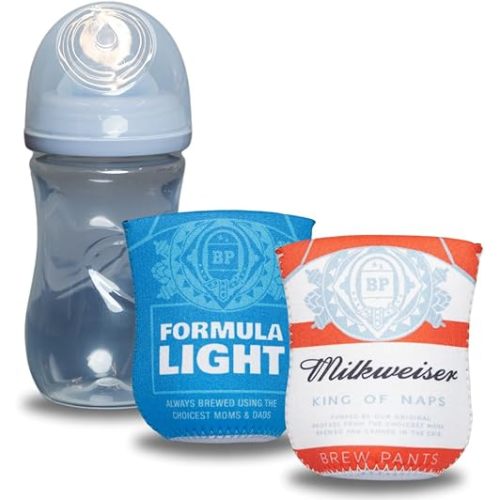 American Beer Themed Coozies for Baby Bottles - Funny Gift for New Parents & Baby Showers - (2 Premium Designed Neoprene Coozies + BPA/Lead/Phthalate Free Bottle Included)