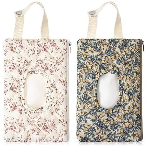 2 Pcs Quilted Diaper and Wipes Pouch Portable Hanging Floral Wet Wipe Bag Diaper Bag Reusable Wipes Pouch for for Stroller Car Travel Infant Diapering Organizer (Mixed Floral)