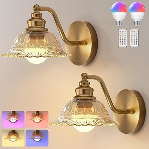 Redluck Battery Operated Wall Sconce with Remote Control, Vintage Amber Glass Wireless Wall sconces Set of Two, Rechargeable Battery Powered Wall Lamp for Bedside Bedroom Living Room Hallway Decor
