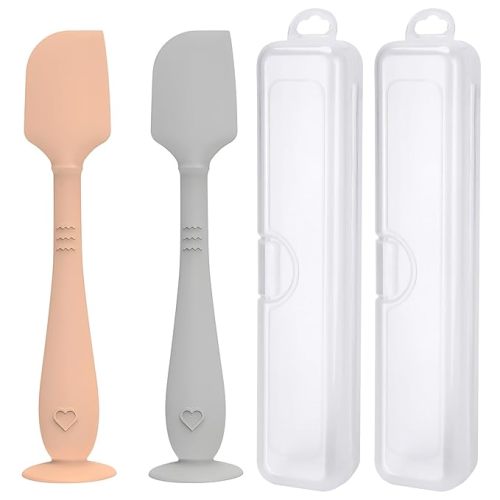 2 Pack Diaper Cream Spatula With Hygienic Travel Case, Baby Butt Paste Applicator With Suction Base, Soft Silicone Diaper Rash Cream Applicator Large Size (Blue & Brown)
