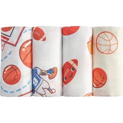 Bamboo Muslin Swaddle Blankets, 4 Pack 47x47 Inch Soft Breathable Hypoallergenic Baby Blanket for Newborn, Sports Collection