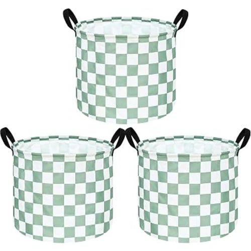 MAIZMZ 3 Pack Sage Checkered Storage Baskets Kids Hamper,Girls Room Decor,15.7"D x13.3"H, Waterproof Lining,Collapsible for Laundry, Toys, Clothes, Gift Set