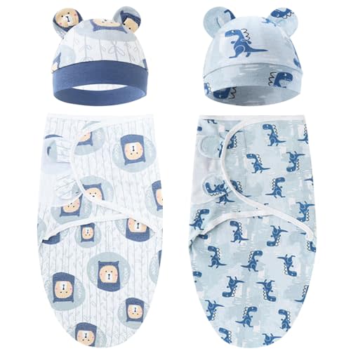 Dizila 2 Sets Adjustable Soft Cotton Blend Receiving Swaddle Blankets Sleep Sacks with Matching Nursery Hats Caps Beanies Bonnets for Newborns Infants Baby Girls Boys (Multicolor S10)